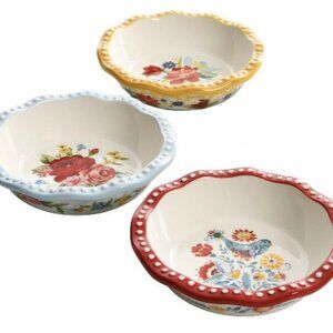Pioneer Woman Floral Medley Mini Pie Pan 3Pk 5.5" Yellow Blue Red Stoneware